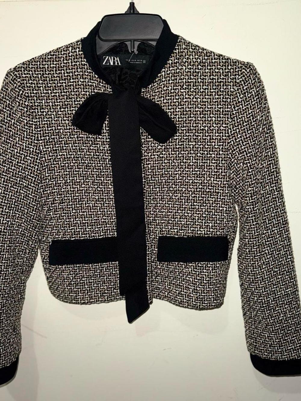 Zara Bow Trim Textured Blazer Jacket Tweed Cropped Black Brown XS